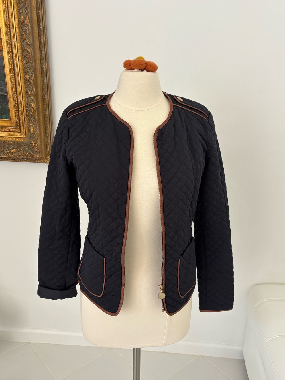 Massimo Dutti Black Quilted Jacket with Brown Trim S/M